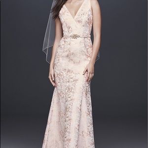 V-Neck Jacquard Mermaid Gown with Beaded Waist